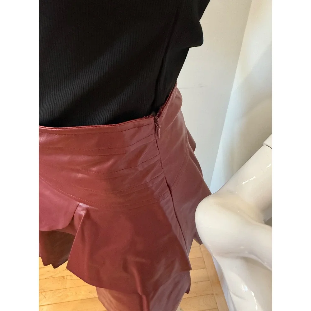 Commense Burgundy Faux Leather Skirt Ruffle Mini High Waist‎ Party Cocktail S